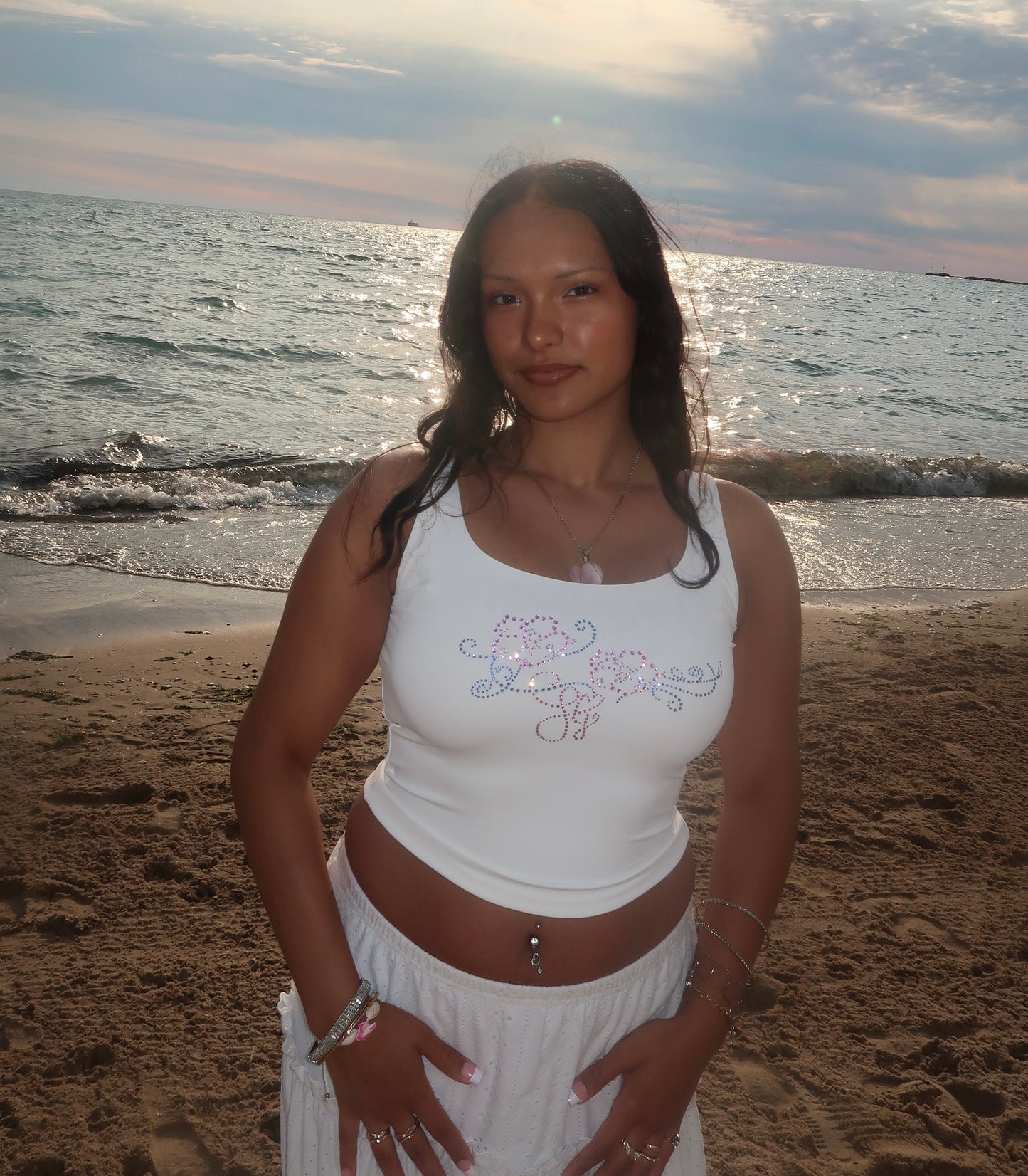 Flwr rhinestone fitted tank (Pre-order) - White