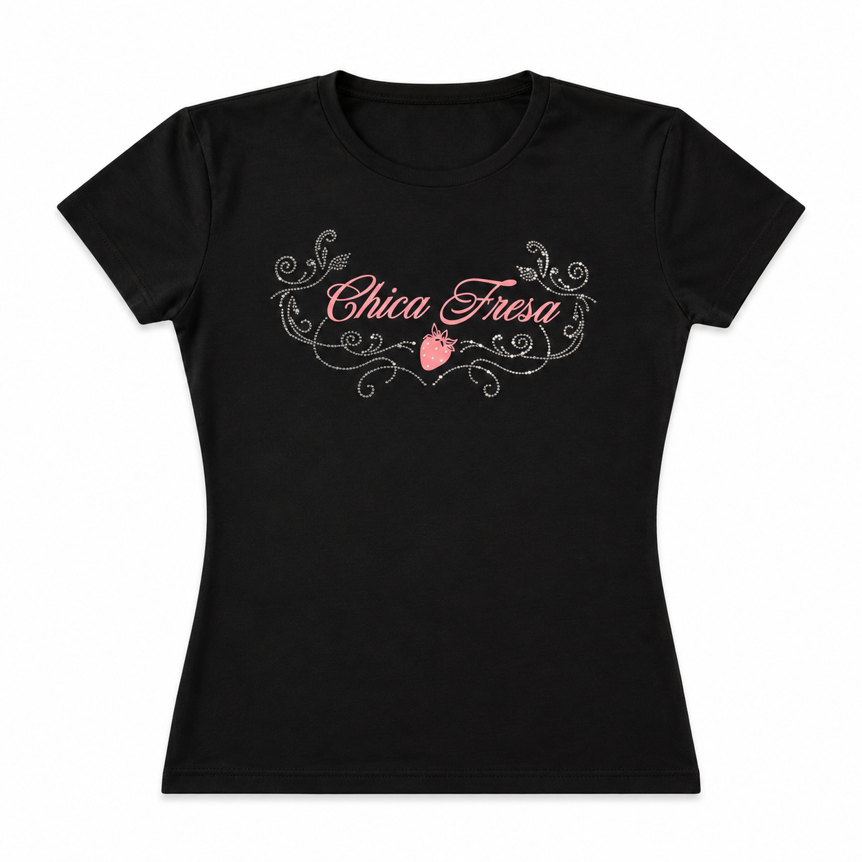 Fruit punch Chica Fresa Rhinestone Fitted Tee - Black