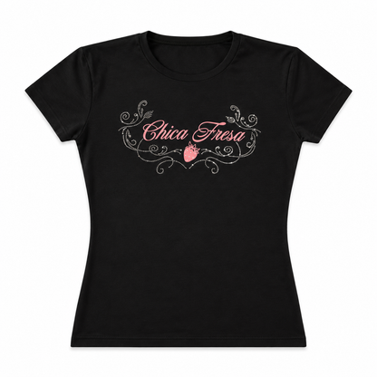 Fruit punch Chica Fresa Rhinestone Fitted Tee - Black