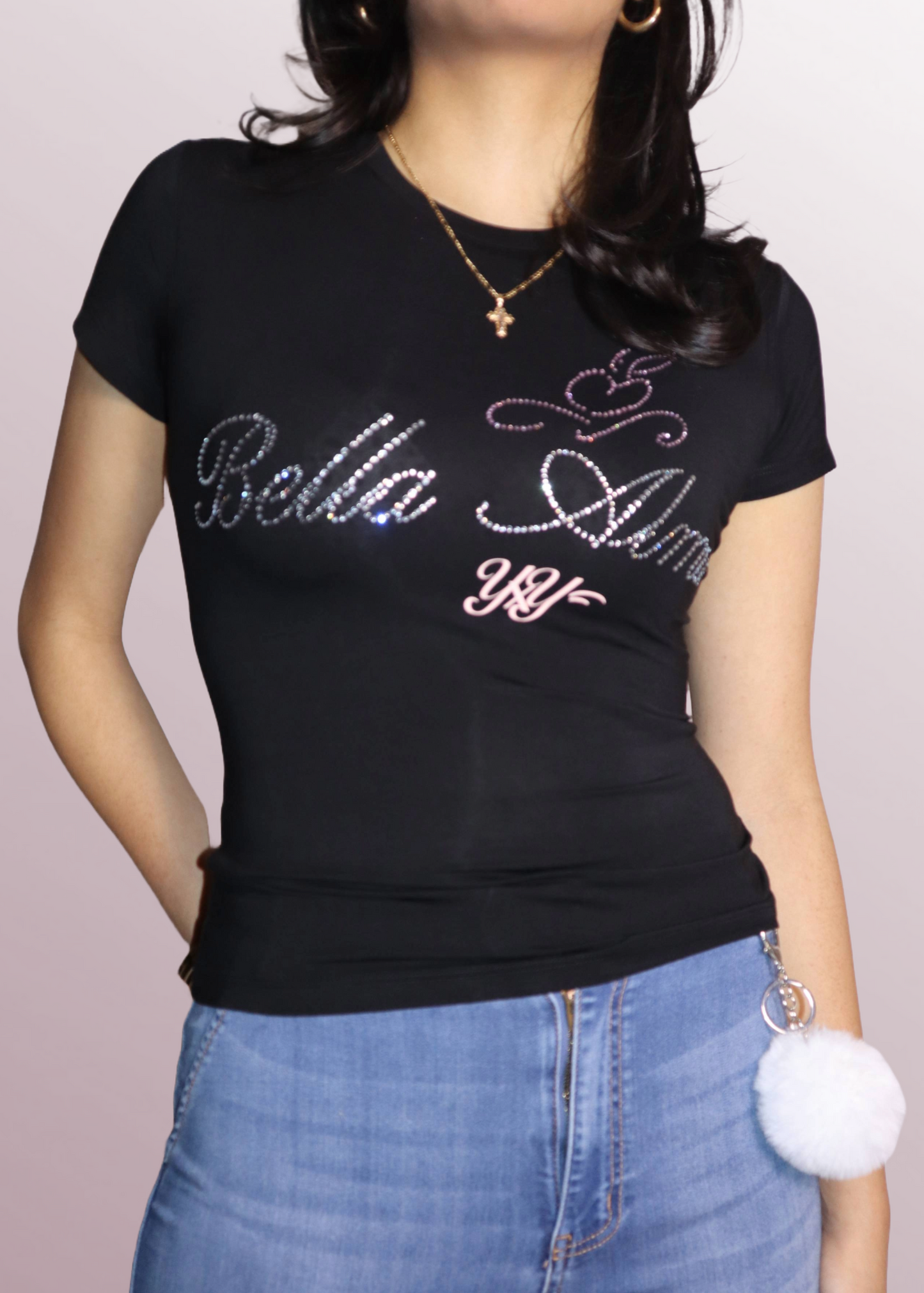 Bella Alma Apple Rhinestone Fitted Tee - Black