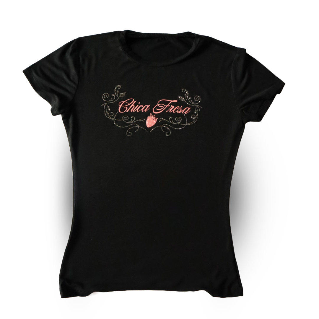 Fruit punch Chica Fresa Rhinestone Fitted Tee - Black