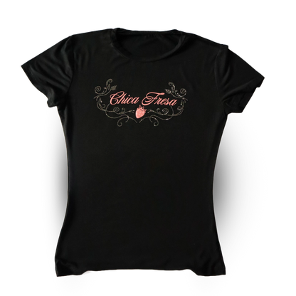 Fruit punch Chica Fresa Rhinestone Fitted Tee - Black