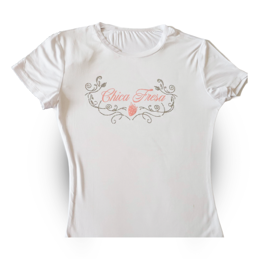 Fruit punch Chica Fresa Rhinestone Fitted Tee - White