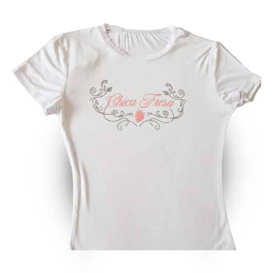 Fruit punch Chica Fresa Rhinestone Fitted Tee - White