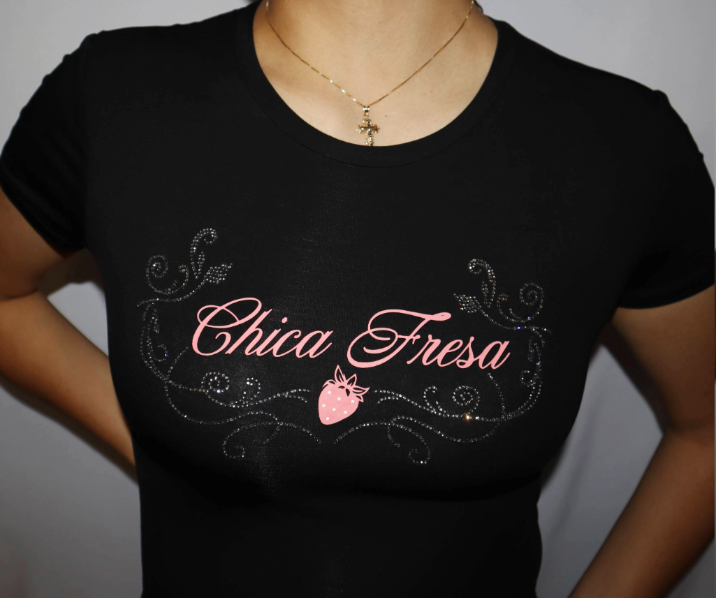 Fruit punch Chica Fresa Rhinestone Fitted Tee - Black