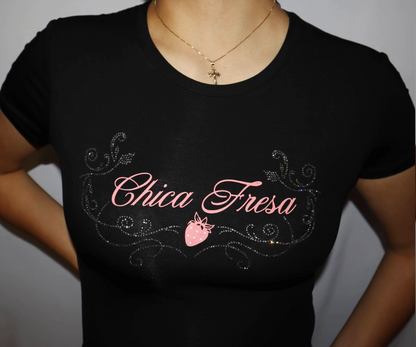 Fruit punch Chica Fresa Rhinestone Fitted Tee - Black