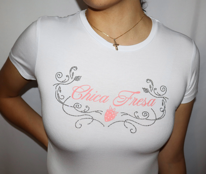 Fruit punch Chica Fresa Rhinestone Fitted Tee - White